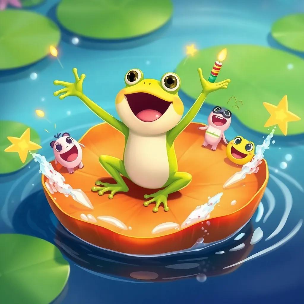 Hoppy, a little frog, celebrating on the giant lily pad, surrounded by cheering friends, bright colors and joyful expressions, water splashes around, sense of joy and excitement, illustration, warm and inviting