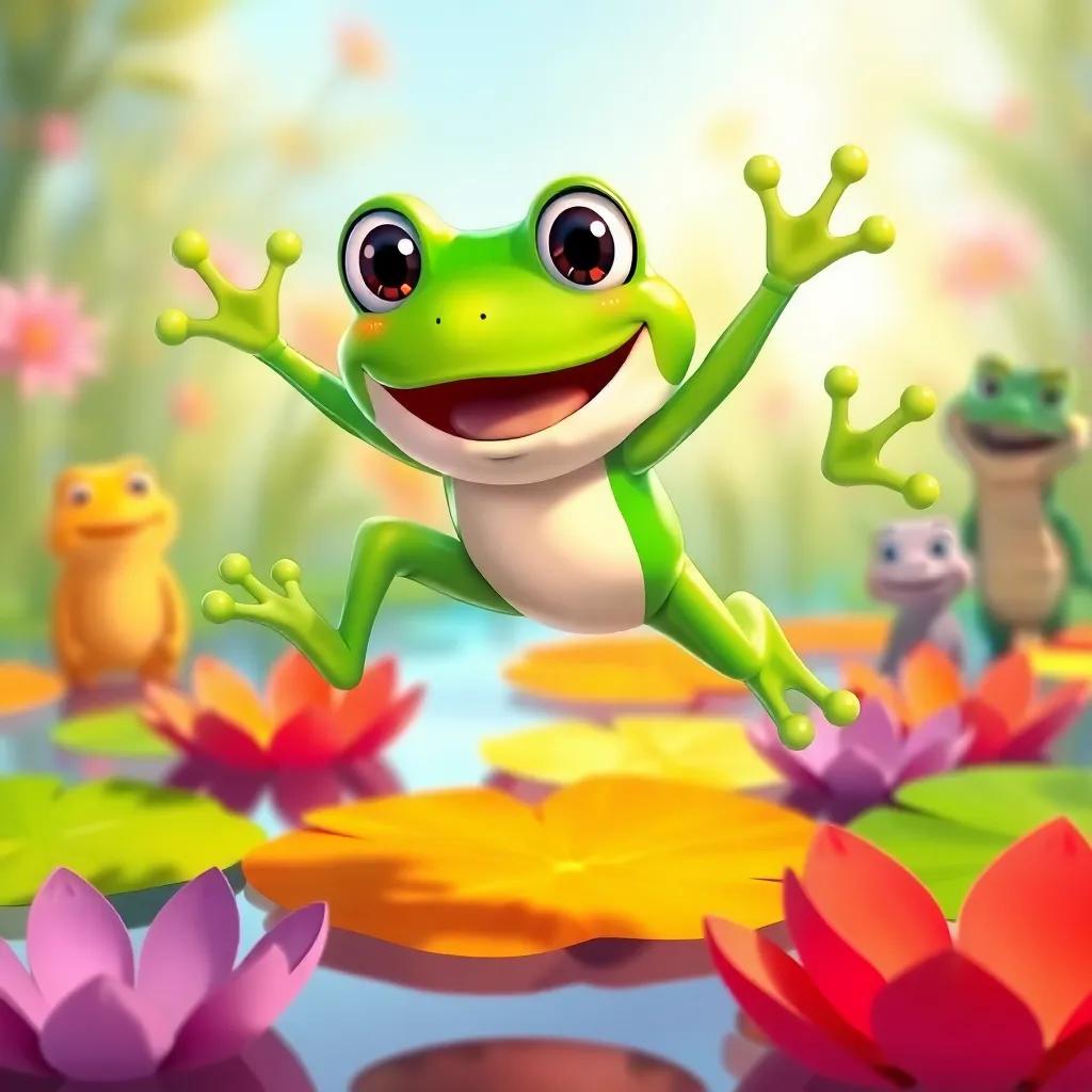 Hoppy, a cheerful frog, jumping over colorful lily pads, smiles on the faces of other pond creatures watching, bright and colorful background, sense of joy and adventure, illustration, vibrant