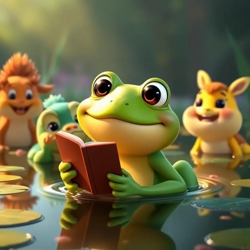 Hoppy, a joyful green frog, sharing his story with other animals in the pond, warm colors, smiling faces, feeling of friendship, digital art, heartwarming scene, engaging imagery