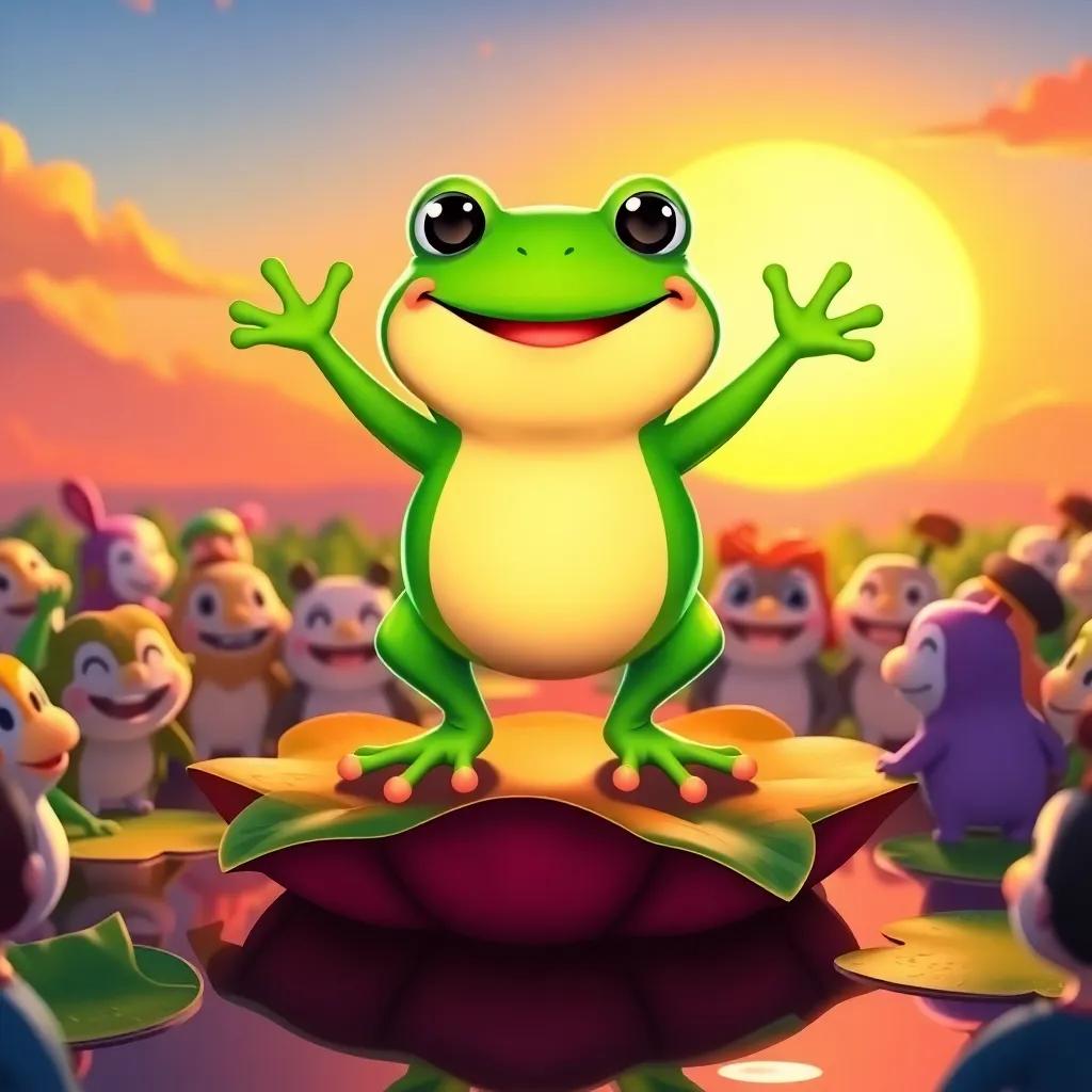 Hoppy, a happy frog, standing proudly on a lily pad as friends gather around him, vibrant colors, bright sun setting in the background, feeling of celebration and community, illustration, charming and uplifting