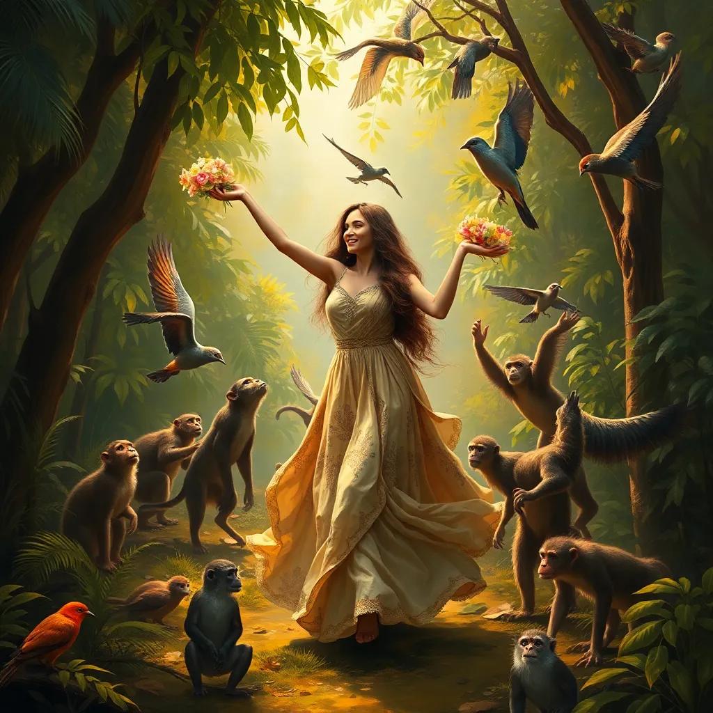 A kind woman named Habiba, with long brown hair wearing a flowing dress, dancing joyfully with animals in a clearing in the jungle, surrounded by birds and monkeys, bright sunlight filtering through the trees, warm and lively, high quality