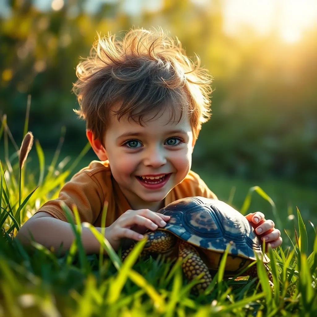 A small boy, Mercury, with bright eyes and messy hair, joyfully discovering a spotted tortoise shell in the grass, sun shining down, vibrant and playful scene, digital art, colorful, enchanting atmosphere, high resolution