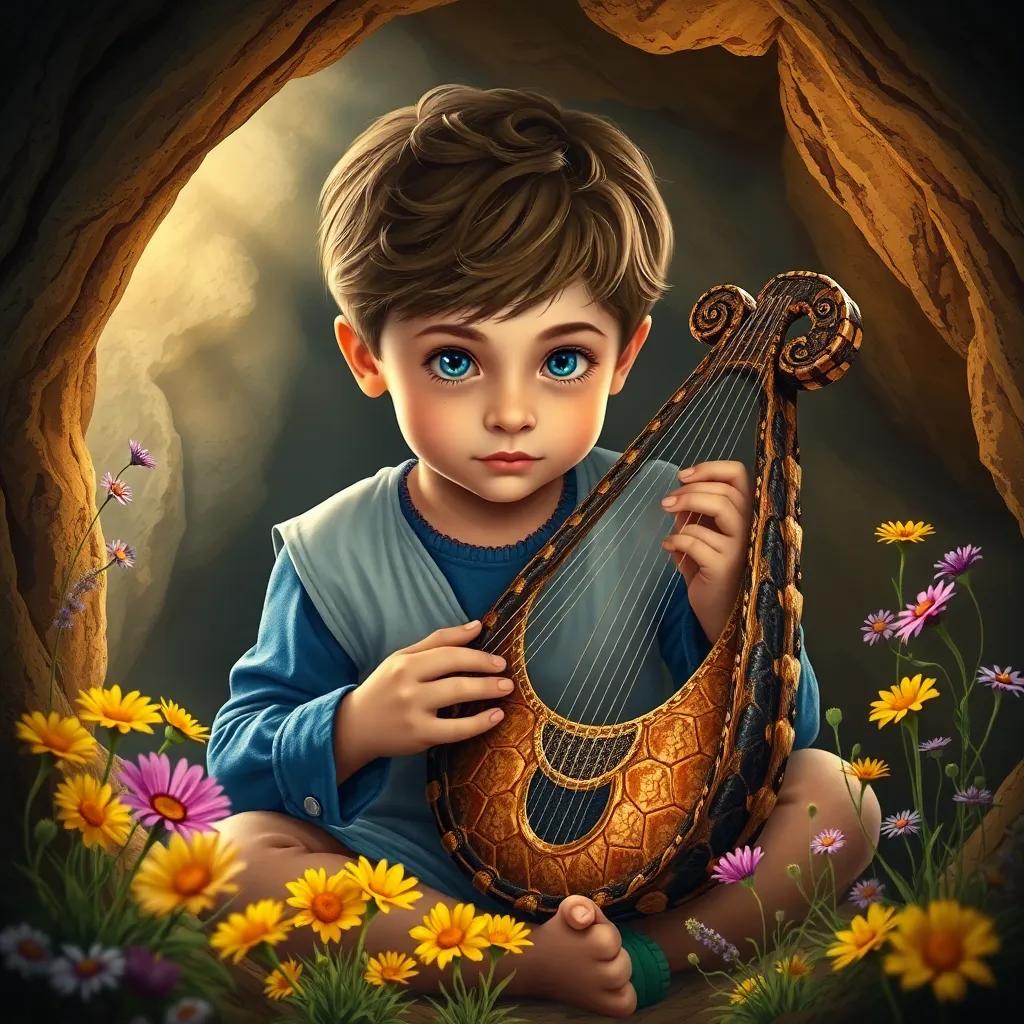 Mercury, a small boy with bright eyes, constructing a lyre from the tortoise shell, inside a cozy cave decorated with wildflowers, focused and crafty, warm light, inviting colors, child-friendly, digital painting