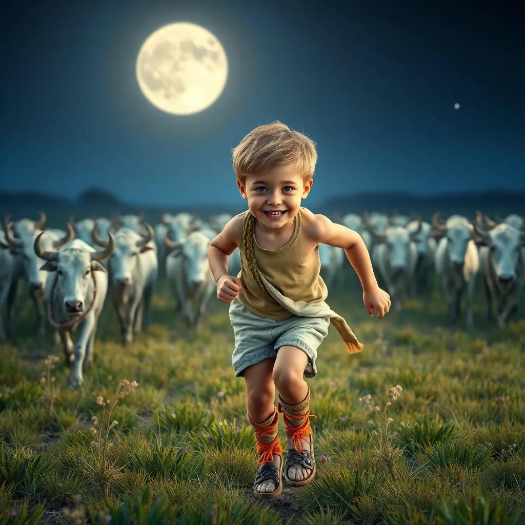 Mercury, a playful little boy with bright eyes, running through a moonlit pasture with fifty white cattle, colorful tamarisk branches tied to his feet, joyful and mischievous expression, magical night scene, dreamy atmosphere, high quality