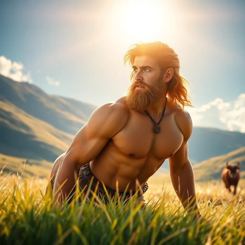 Apollo, a strong god with golden hair, searching for his missing cattle under the bright morning sun, with a concerned expression and muscular build, beautiful landscape with soft grass, digital artwork, bright and vibrant