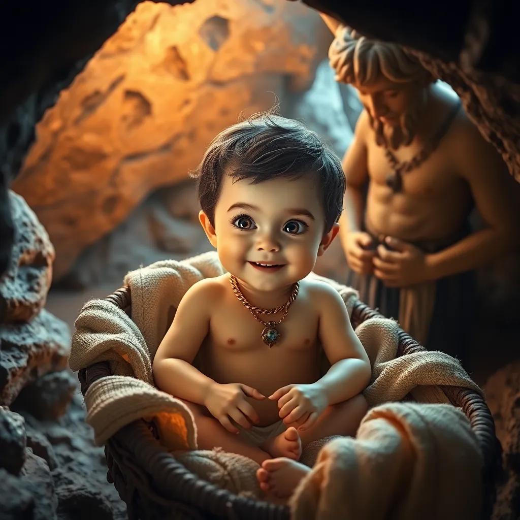 Mercury in his cradle, with bright eyes and a playful smile, deceivingly innocent as Apollo looks at him with hands on his hips, artistic depiction inside the cave, cozy and warm feel, finely detailed, child-friendly style