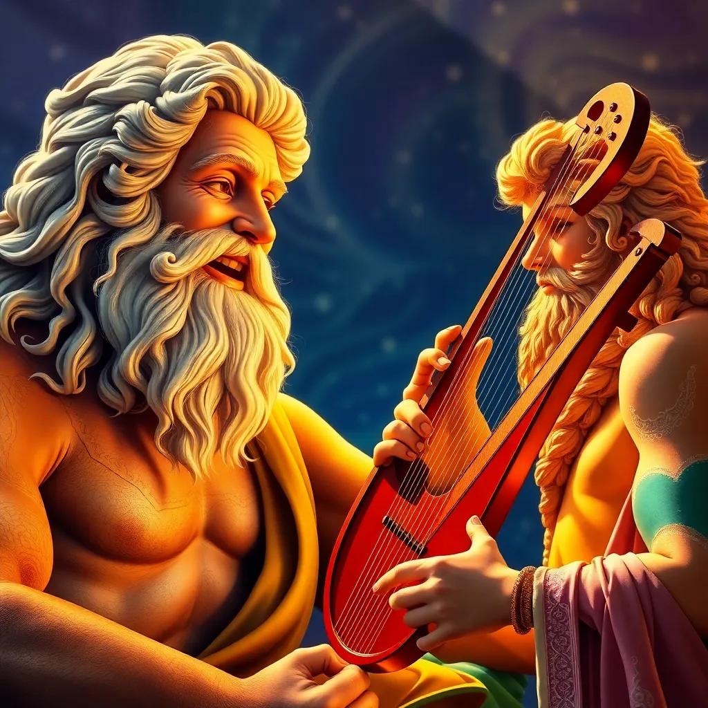 Jupiter laughing heartily, with a majestic beard, overlooking Mercury playing the beautiful lyre, the gods mesmerized by the music, bright and colorful setting, engaging and lively, stunning visuals