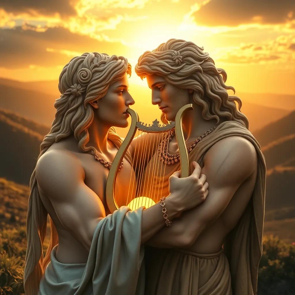 Mercury and Apollo embracing each other, the lyre shining between them, symbolizing their bond, with a backdrop of golden light and serene hills, heartwarming scene, emotional warmth, detailed and inviting