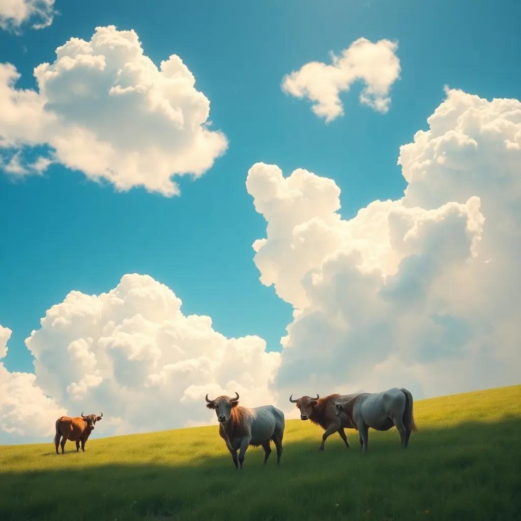 A whimsical view of fluffy white clouds and bright blue sky, with Apollo's cattle wandering peacefully below, Mercury playing the lyre in the distance, magical and serene scene, joyful and bright, high-quality illustration