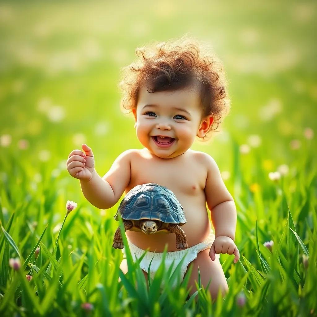 A baby boy, Mercury, with curly hair wearing a simple cloth diaper, excitedly holding a tortoise-shell in a vibrant green meadow, joyful expression, bright sunlight, cheerful atmosphere, digital art, colorful, enchanting