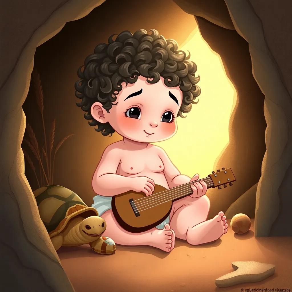 Mercury, a baby boy with curly hair wearing a cloth diaper, sitting in a cozy cave with a tortoise-shell and reeds, crafting a musical instrument, warm light, playful mood, detailed environment, illustration, charming