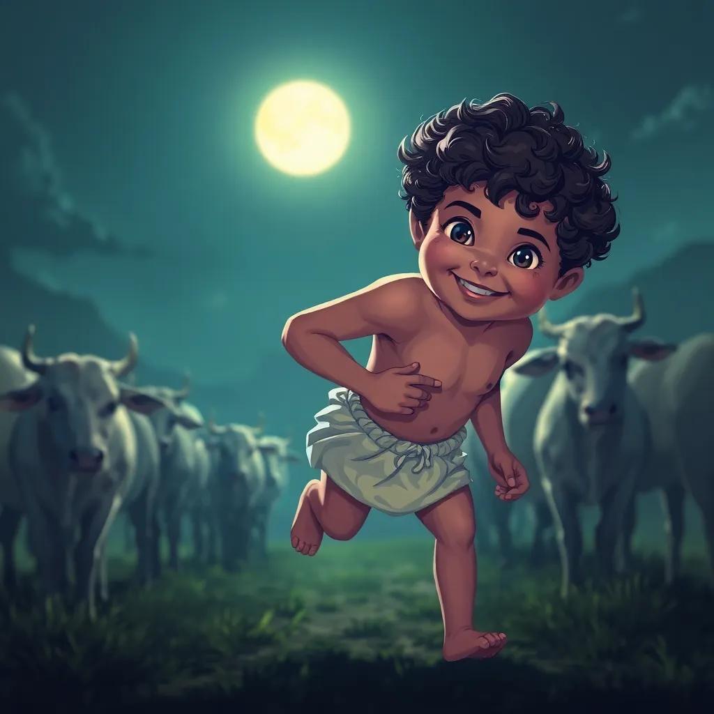 A baby boy, Mercury, with curly hair wearing a cloth diaper, sneaking away under the moonlight with a line of white cattle, mischievous smile, glowing moon, soft shadows, adventure feel, fantasy art, dreamy
