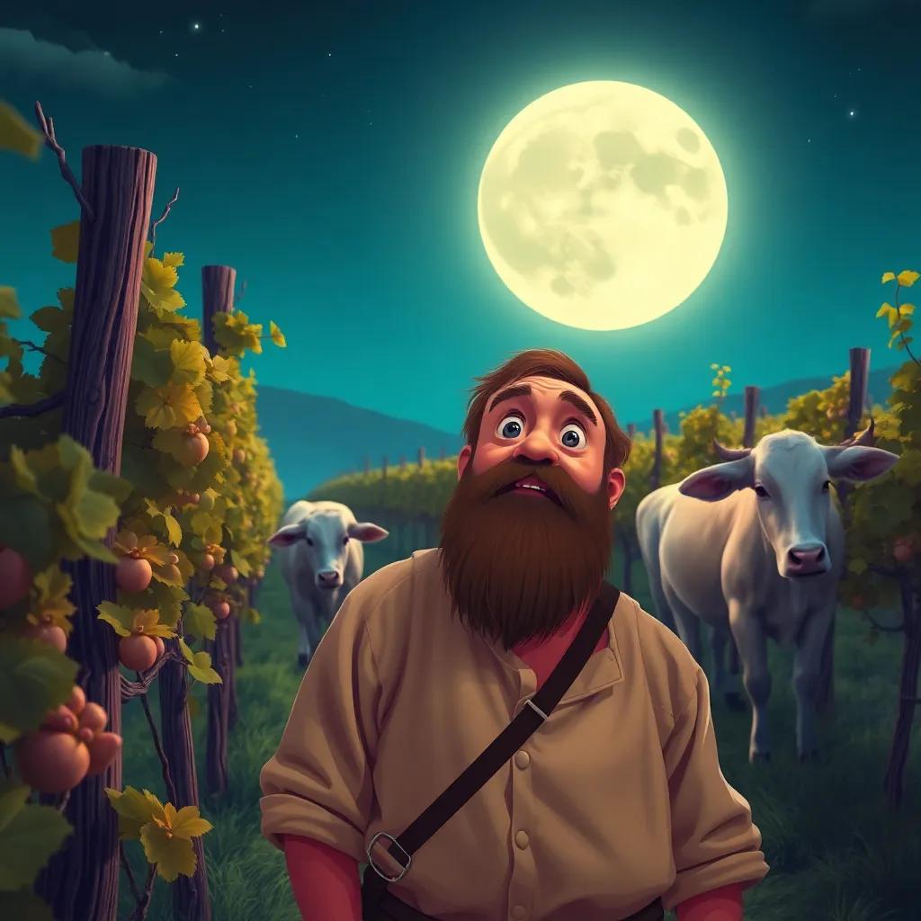 A peasant man with a beard in simple clothes, working in a vineyard, eyes wide in amazement as he sees baby Mercury with cattle, moonlight illuminating the scene, whimsical, magical realism, vibrant
