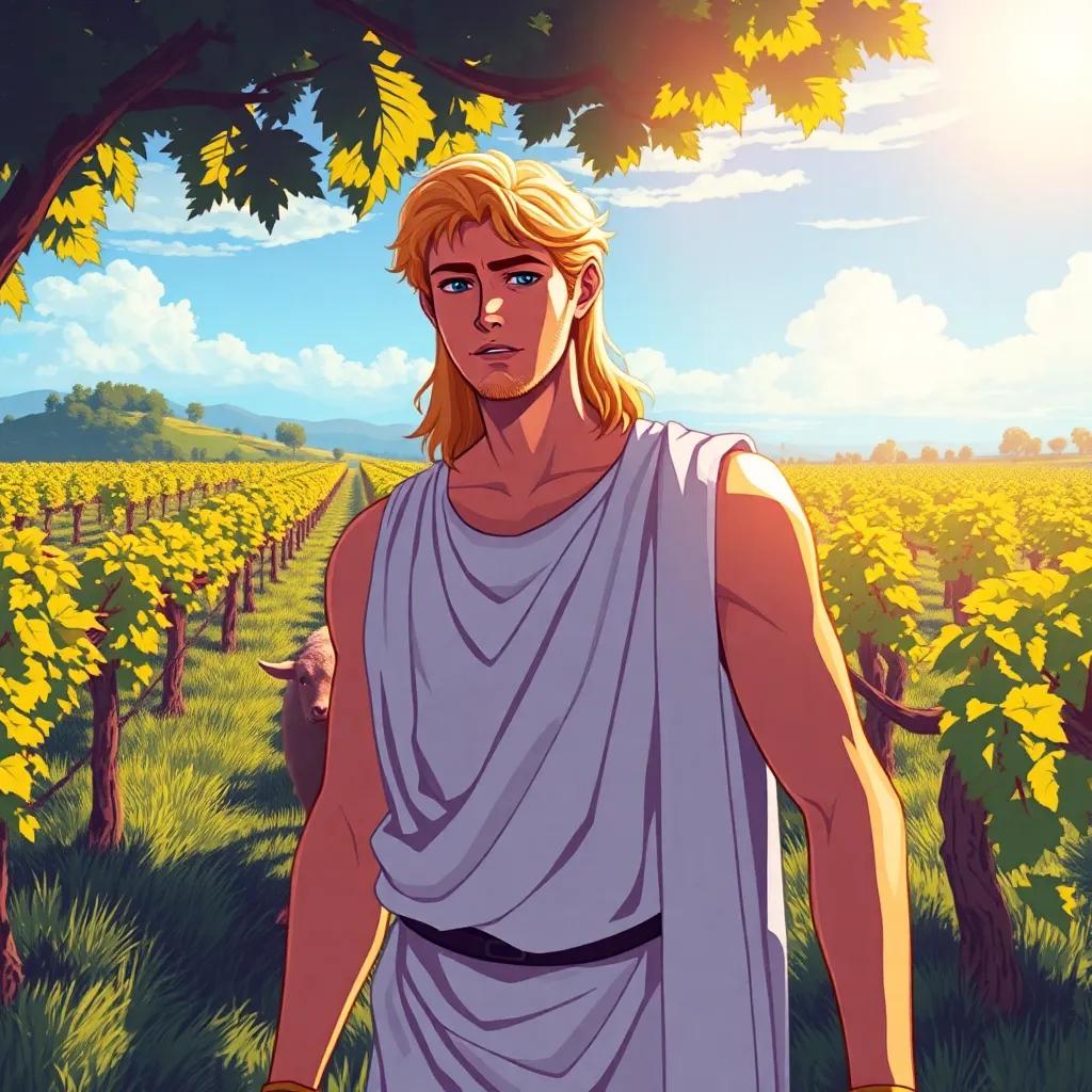 Apollo, a tall young man with golden hair wearing a white tunic, looking concerned, searching for his missing cattle by a vineyard illuminated in bright daylight, rich colors, lively atmosphere, illustration