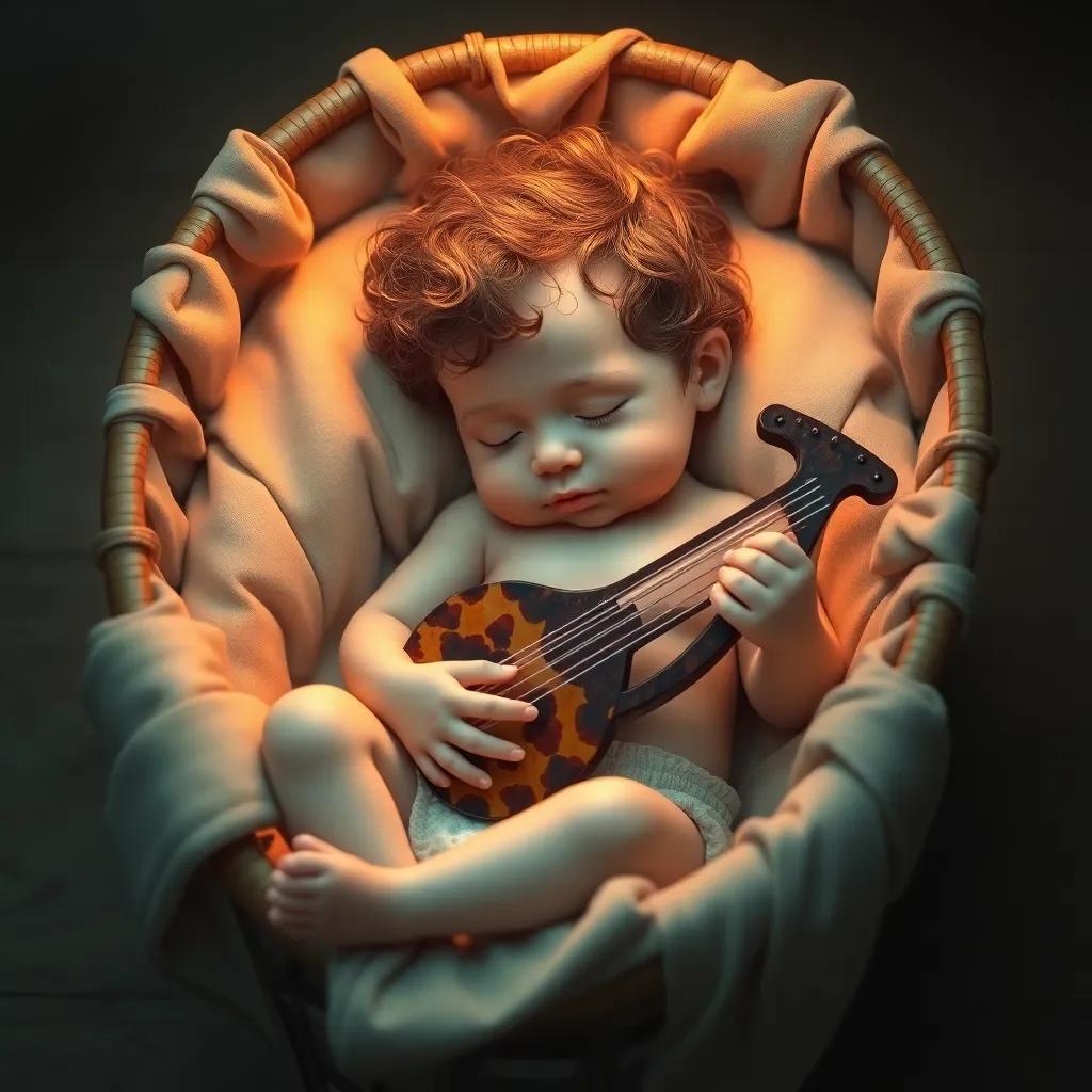 Mercury, a baby boy with curly hair wearing a cloth diaper, sleeping peacefully in a cradle while holding his tortoise-shell lyre, soft light glowing gently, tranquil, warm scene, imaginative