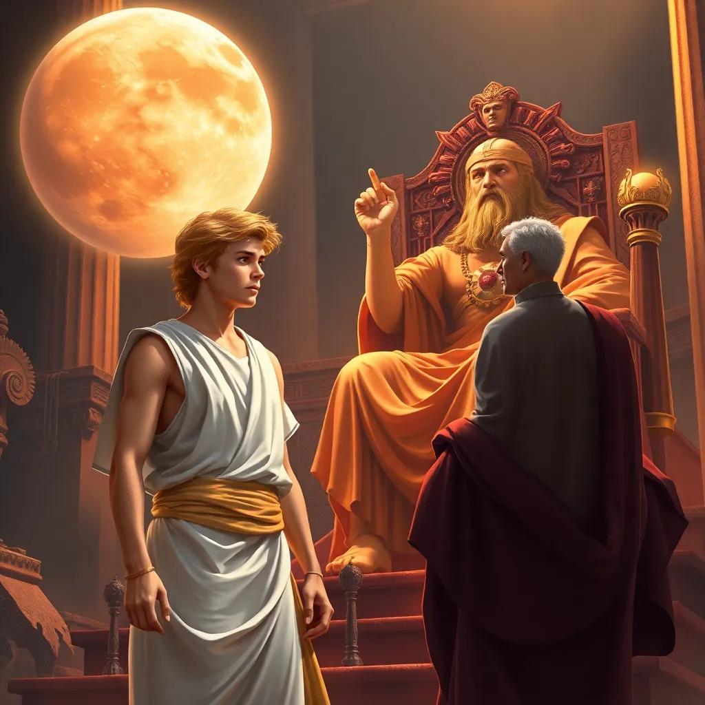 Apollo, a young man with golden hair in a white tunic, standing in front of Jupiter, a majestic god on a throne, feeling exasperated as Mercury acts innocent, divine setting, epic atmosphere, detailed