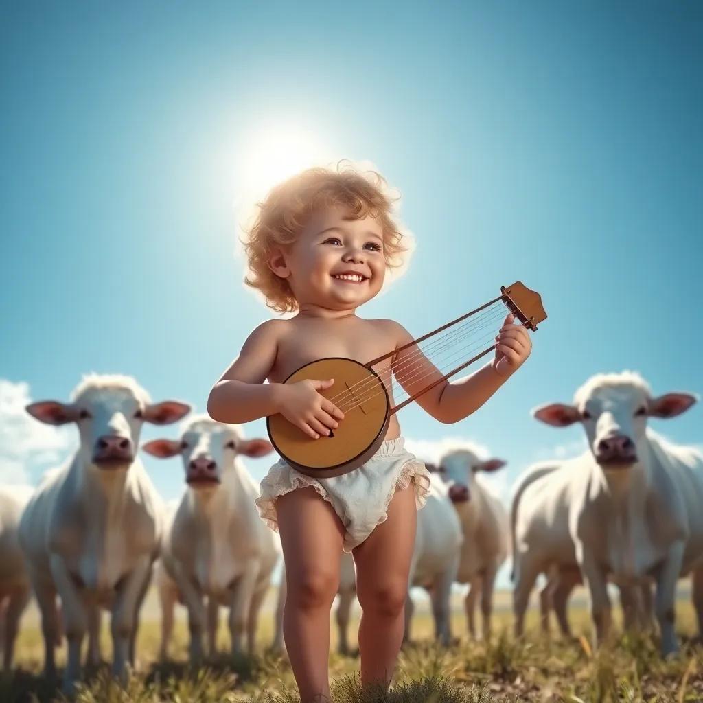 Mercury, a baby boy with curly hair wearing a cloth diaper, looking delighted while strumming his newly gifted lyre, surrounded by friendly white cattle against a sunny blue sky, joyful atmosphere, picturesque landscape