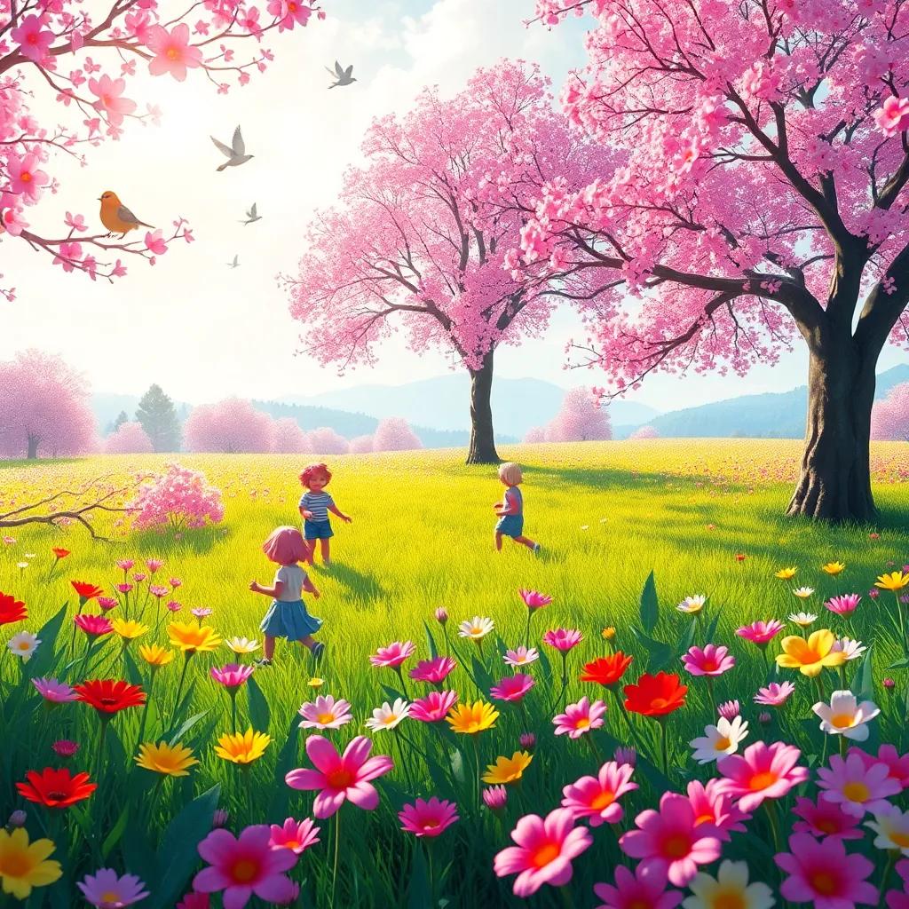 A vibrant landscape with flowers blooming in every color, children playing in a sunny meadow, birds singing from bright budding trees, digital art, cheerful, warm colors, inviting ambiance, high quality
