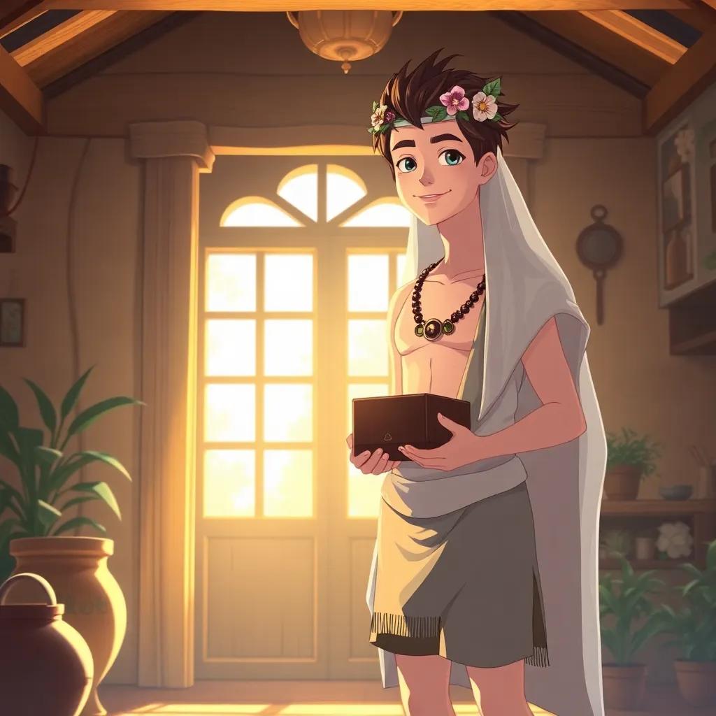 Epimetheus, a young man with a kind face, wearing simple tunic and shorts, standing in a sunny cottage, Pandora beside him, wearing a crown of flowers and a light veil, holding a mysterious box, comfortable home environment, digital art, expressive, inviting light, warm colors