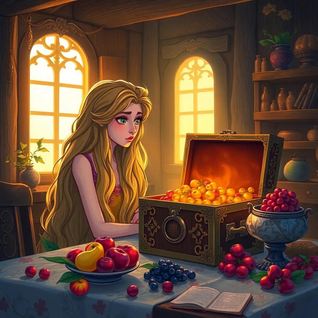 Pandora, with long flowing hair, looking curiously at a heavy, ornate box, inside a cozy cottage filled with wild fruits, colorful berries on the table, soft golden light filtering through windows, illustration, engaging, whimsical, warm atmosphere