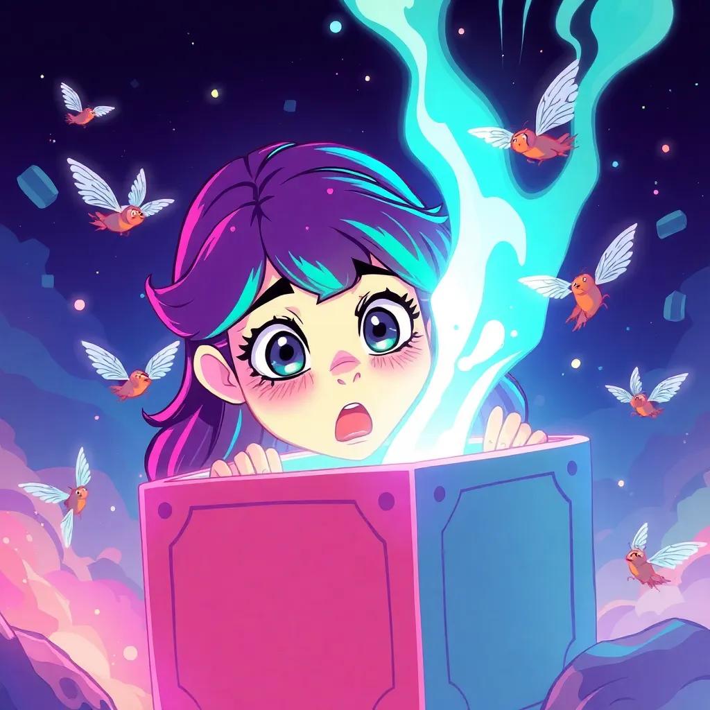 Pandora peeking into the box, surprised expressions on her face, small winged creatures buzzing energetically around her, glowing light escaping from the box, vibrant colors, illustration, dynamic, action-packed, lively