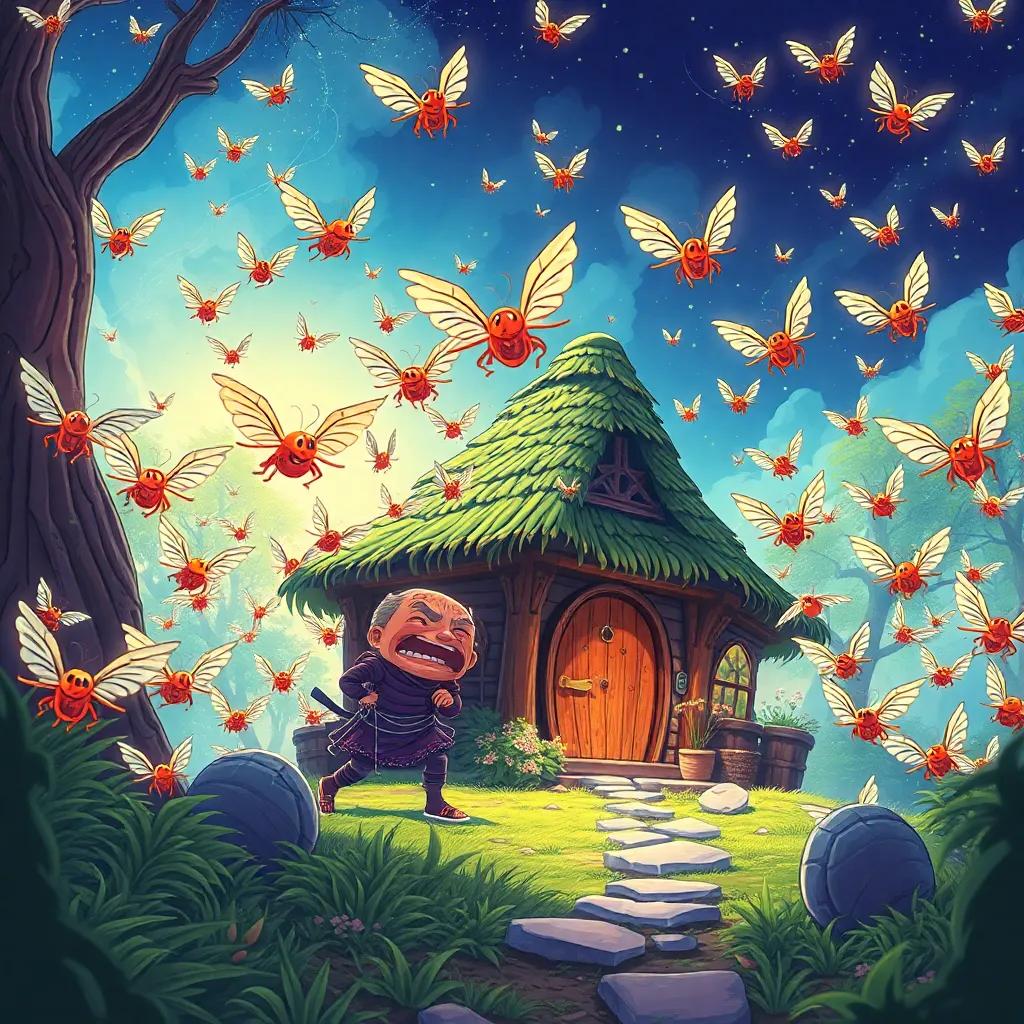 A swarm of tiny winged creatures zooming around Epimetheus's cottage, causing chaos and frenzy, Epimetheus looks shocked and Pandora is panicking, bright and detailed scene, cartoon style, colorful, exciting, engaging