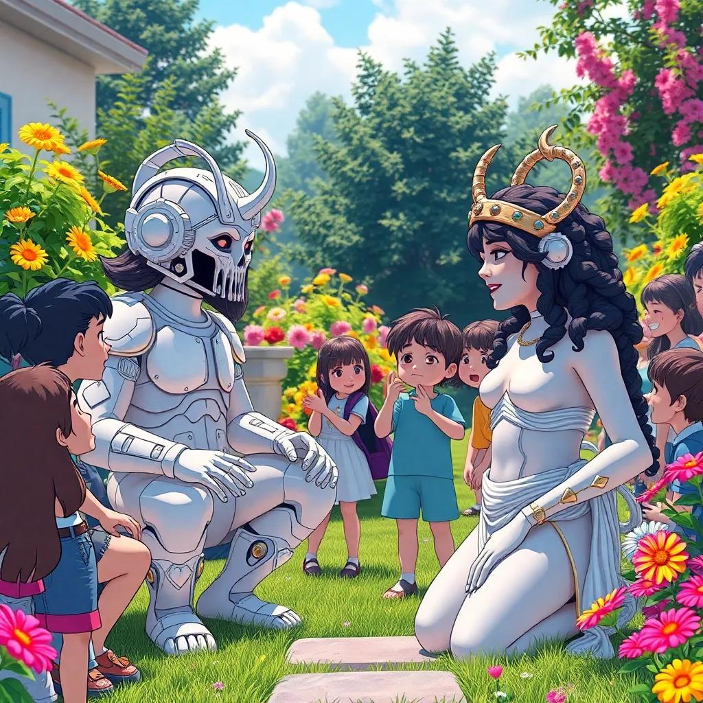 Epimetheus and Pandora outside with numerous friends arguing playfully, frowns and laughter mixed, colorful flowers in the background, bright and engaging, child-friendly, lively scene, digital art, cheerful colors, inviting