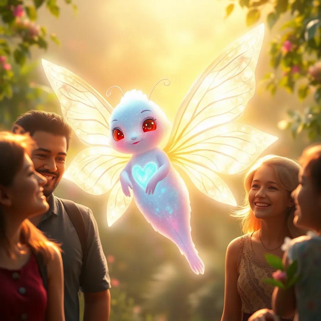 An enchanting glowing creature, Hope, fluttering around to bring comfort, her wings shimmering with light, joyful expressions on people's faces as they start to smile again, lush garden background, gentle light, fantasy style, uplifting