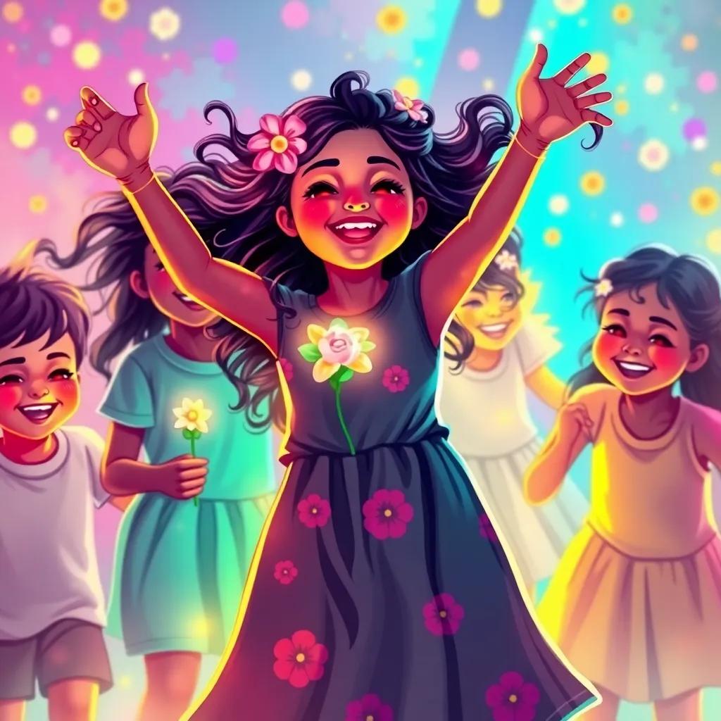Hope dancing, surrounded by happy children, their faces lit up with joy, fixing friendships and bringing flowers to people, colorful, bright, captivating art, digital painting, warm, inviting, imaginative
