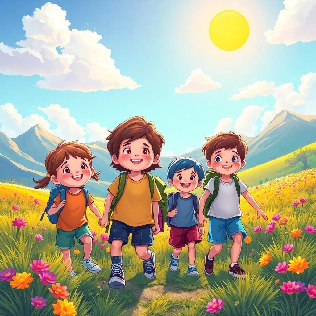 A scene of children and friends exploring nature, with smiles and laughter, vibrant landscapes, Hope leading them joyfully, bright skies and shining sun, expressive and cheerful art, child-friendly, inviting atmosphere