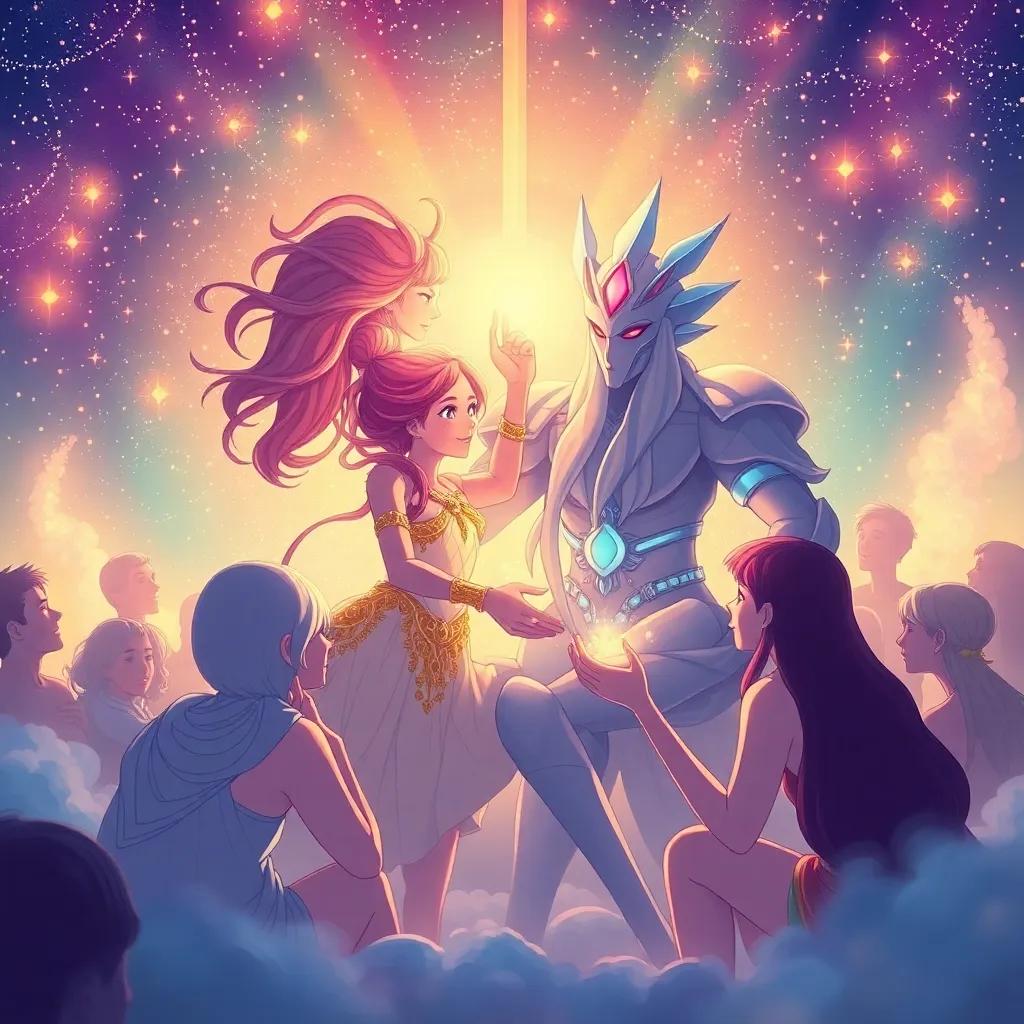 A magical ending scene with Pandora and Epimetheus surrounded by friends, kindness filling the air, soft light glowing warmly, symbolize hope and renewal, illustrated art, heartwarming, positive, delightfully colorful