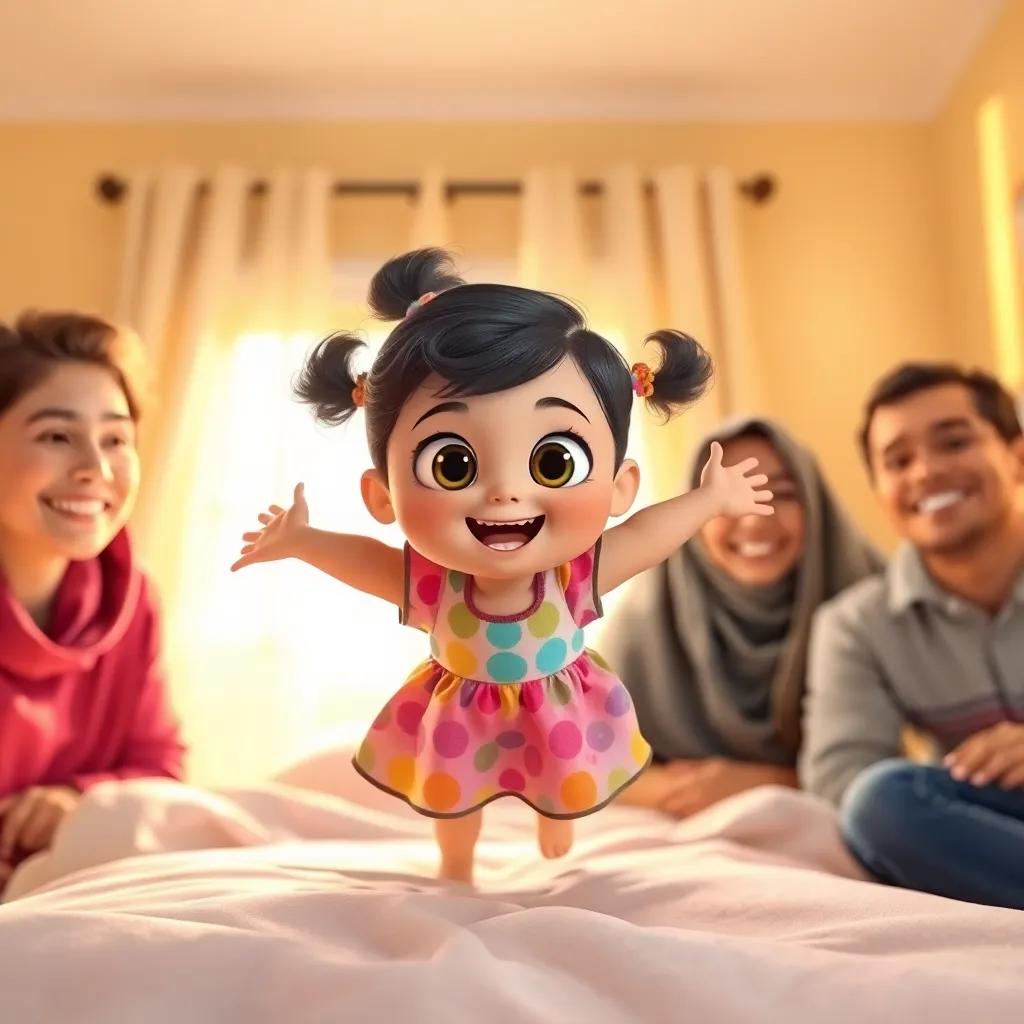 A little girl, Huda, with big bright eyes, wearing a colorful dress, jumping into a bed with two smiling parents, a cozy bedroom filled with sunlight, digital art, cheerful atmosphere, warm light, high quality
