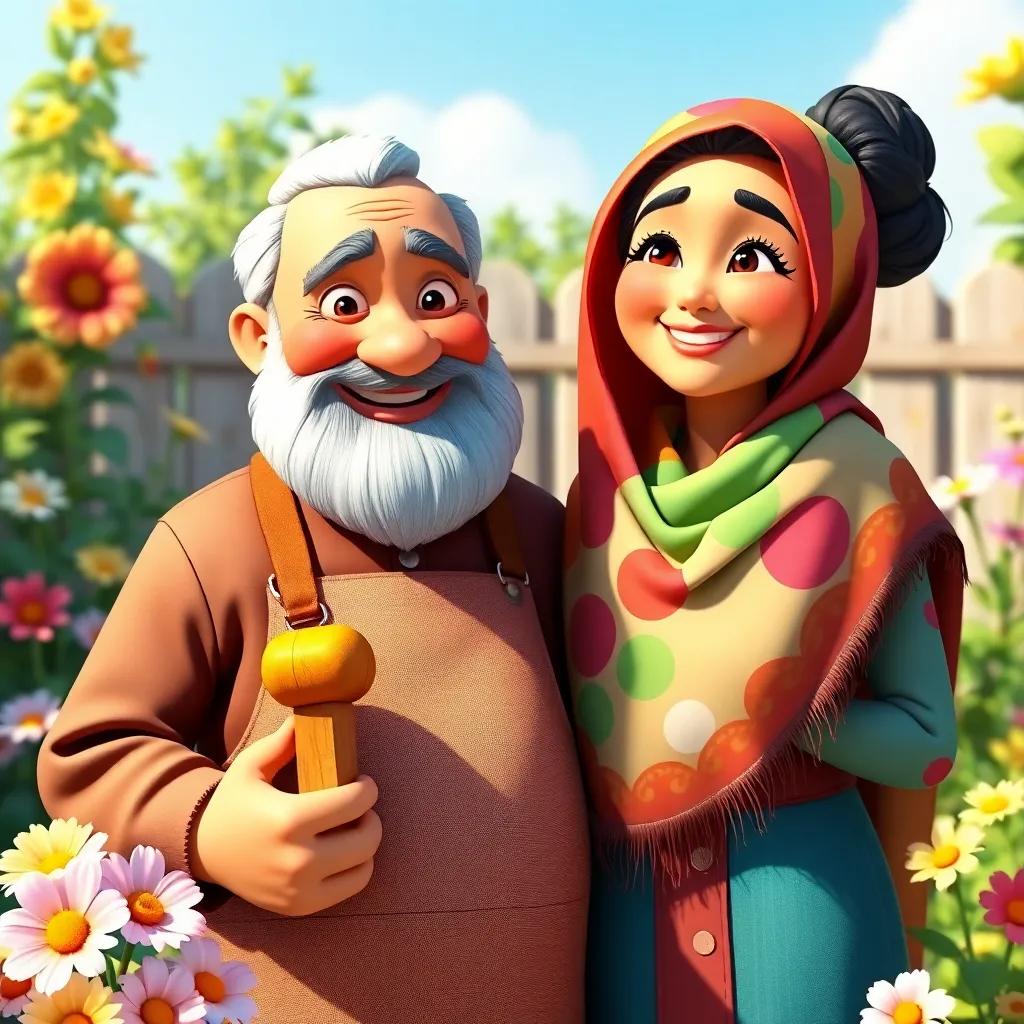 A kind man, Huda's Baba, with a beard and apron, holding a wooden toy, alongside a woman, Huda's Mama, with a colorful scarf and a smile, in a sunny garden with flowers around, digital art, heartwarming, vibrant colors