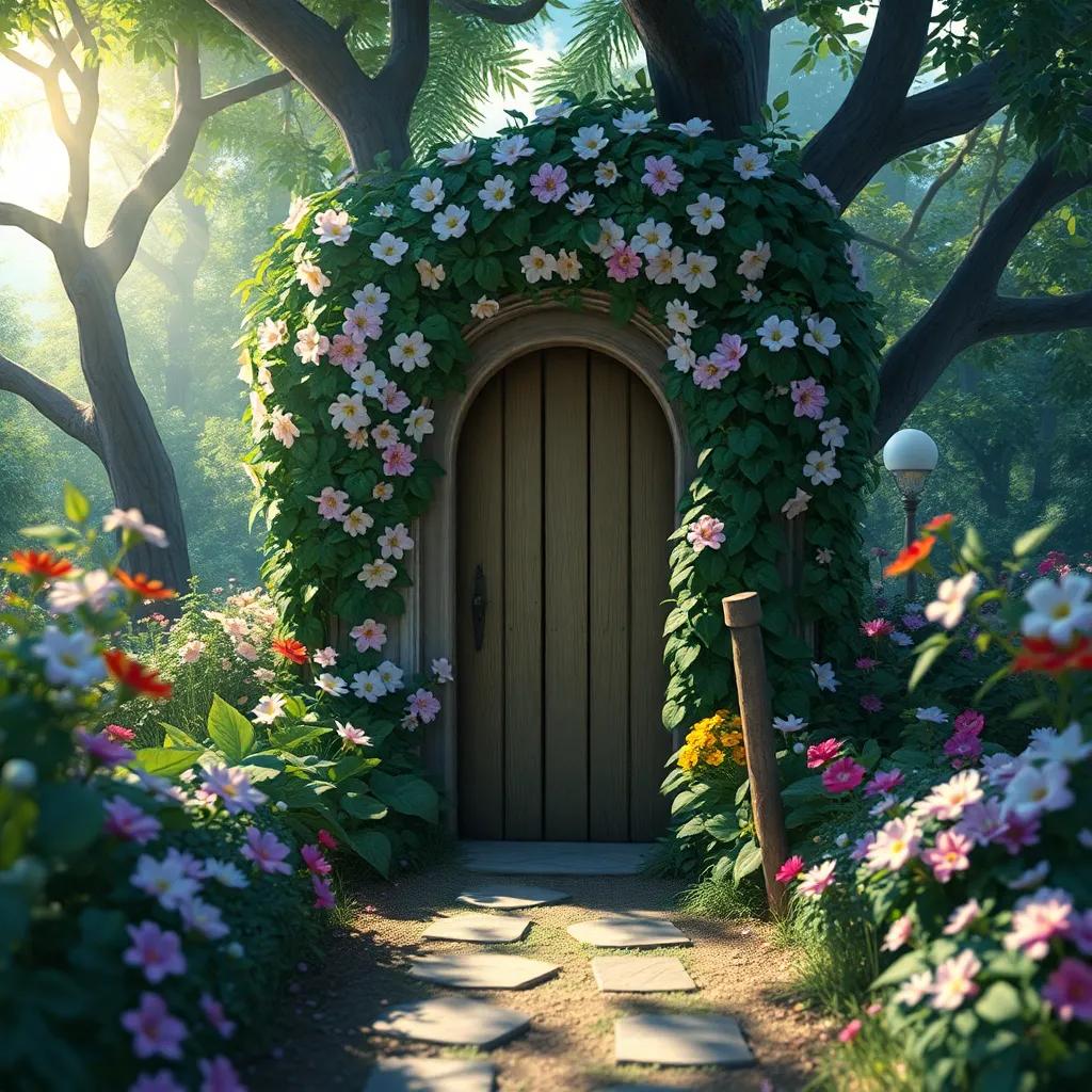 A small hidden door in a beautiful garden, covered with flowers and vines, sunlight streaming through the trees, magical vibe, digital art, whimsical and enchanting atmosphere, high quality