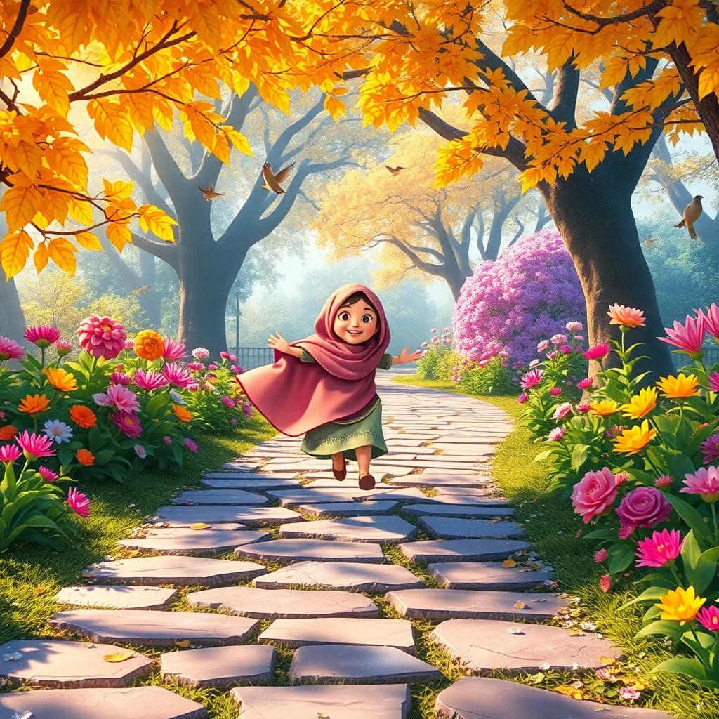 A sparkling stone path in a magical garden, Huda skipping with delight, golden leaves on trees, colorful flowers everywhere, birds singing in the background, digital art, bright and joyful, colorful, high quality