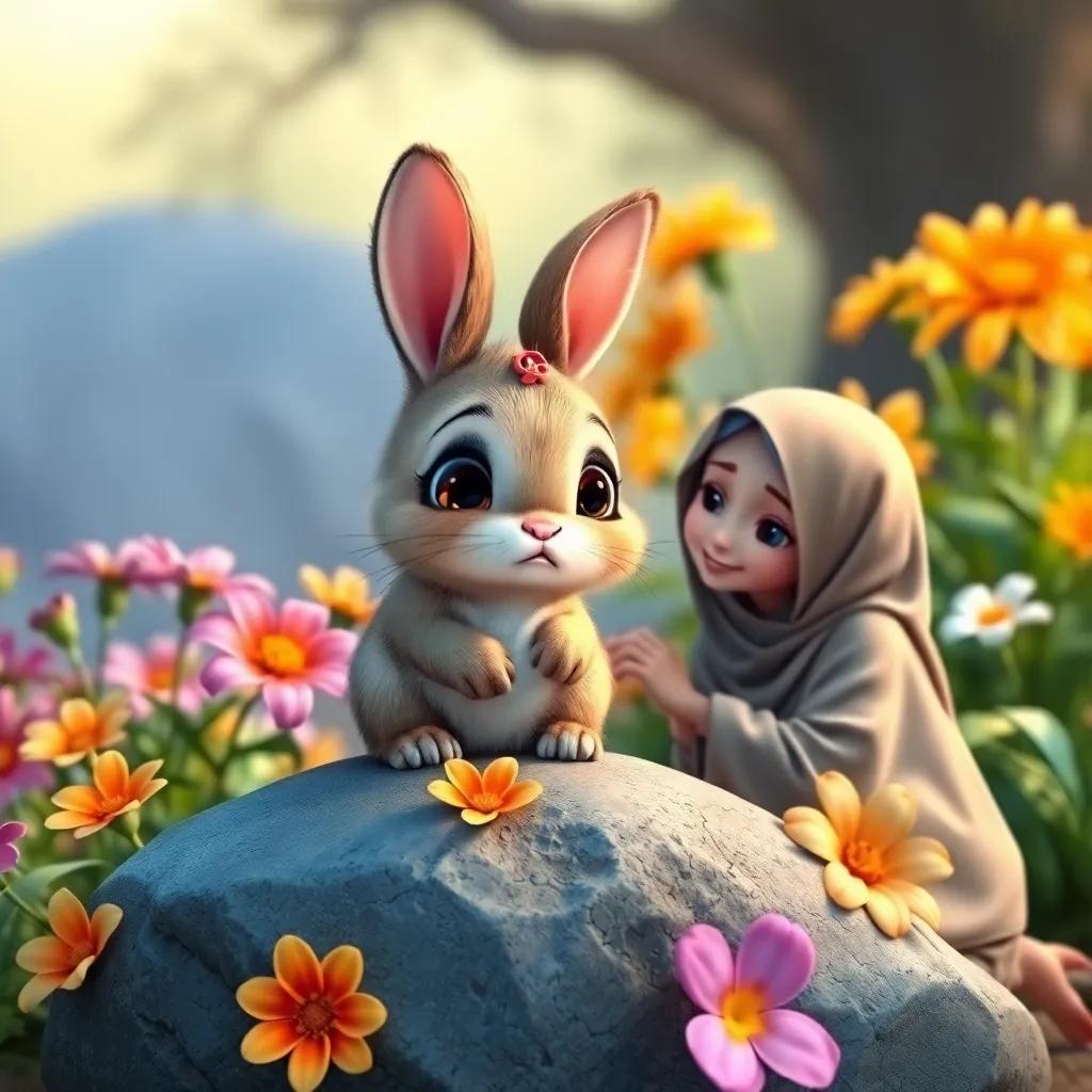 A sad little bunny on a rock, with big soft eyes looking up at Huda, surrounded by vibrant flowers, Huda kneeling beside it with a gentle smile, digital art, warm colors, inviting scene, high quality