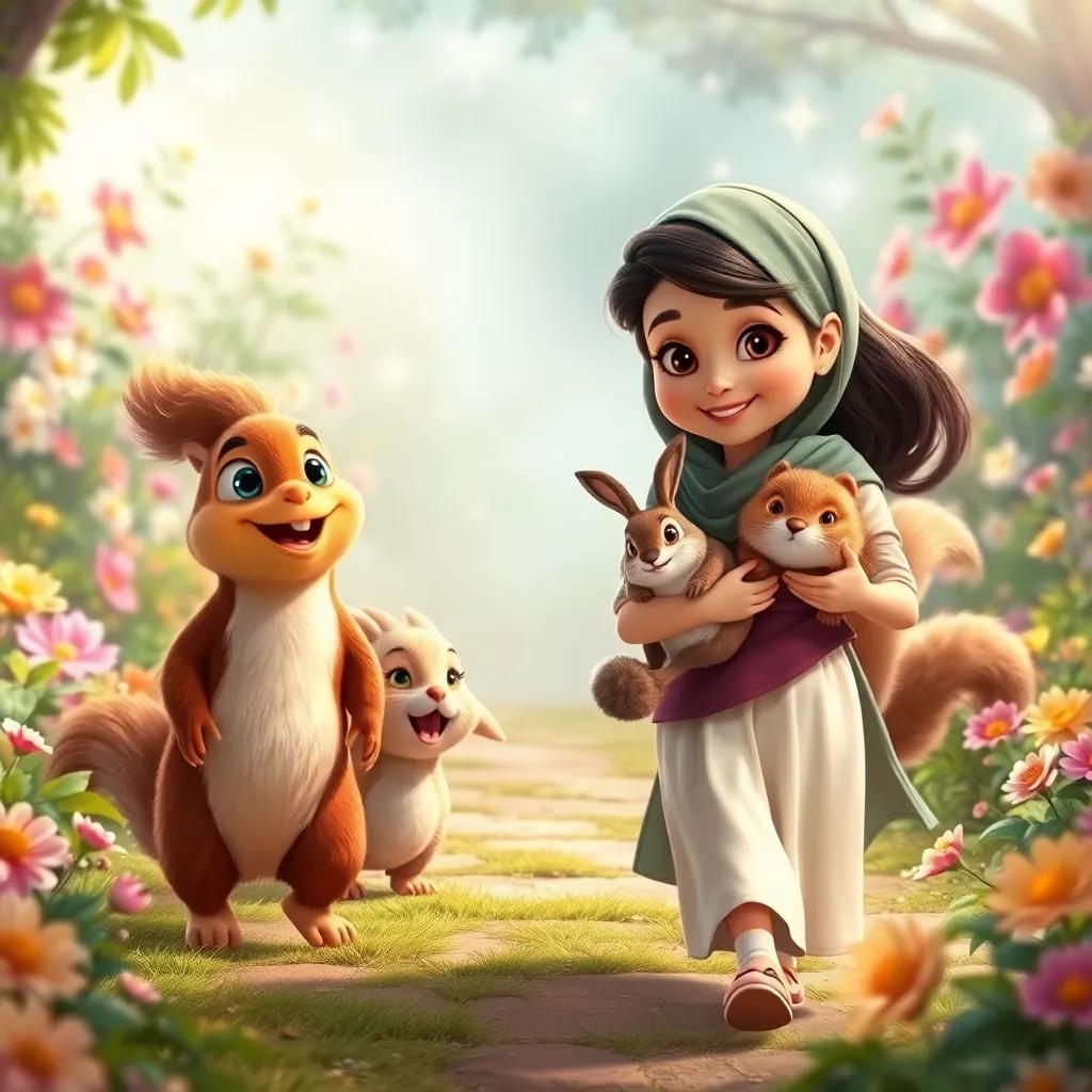 A group of animals, including a bird and a squirrel, happily following Huda, who carries the bunny in her arms, in a magical garden with colorful blooms and a sparkling atmosphere, digital art, playful and cheerful, high quality