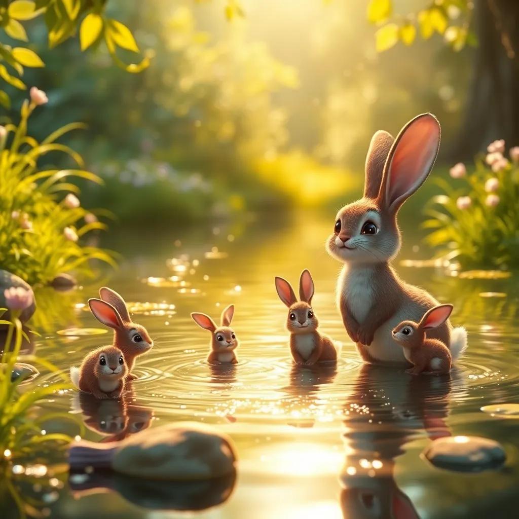 A sparkling pond with a bunny's family, Huda looking on with joy, warm sunlight reflecting on the water, surrounded by lush greenery, digital art, charming and magical scenery, high quality
