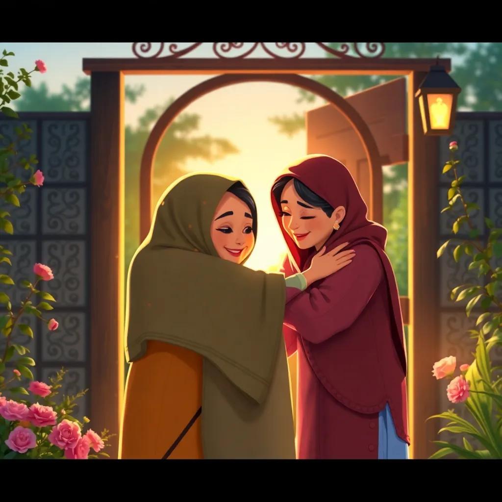 Huda hugging her parents at the garden gate, evening light casting a warm glow, their faces filled with love and joy, digital art, heartwarming family scene, vibrant colors, high quality
