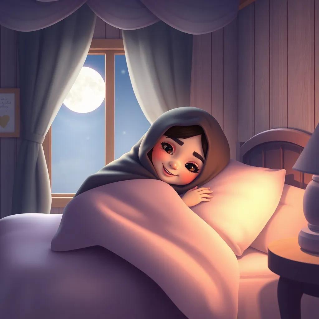 A cozy bedroom, Huda snuggled under her blanket with a smile, moonlight shining through the window, gentle details of her dreams, digital art, calming and sweet atmosphere, high quality