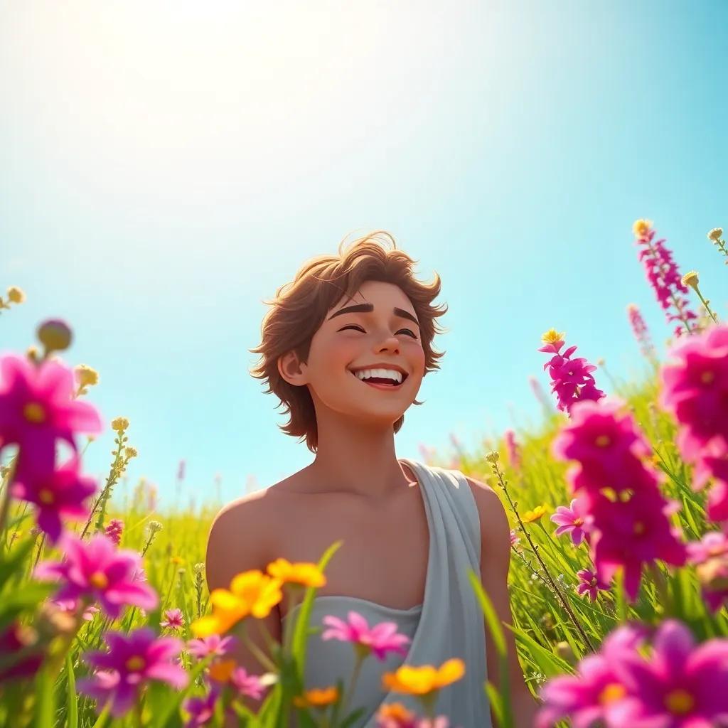 A beautiful Greek boy, Hyacinthus, with wavy brown hair and olive skin, laughing under a bright blue sky, surrounded by lush meadows and colorful flowers, warm sunlight, cheerful atmosphere, high quality
