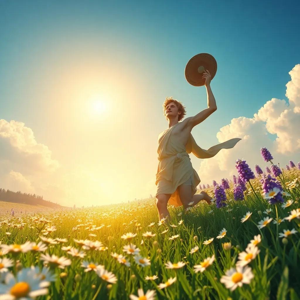 Apollo throwing the discus high into the air, with Hyacinthus running joyfully towards it, in a sunny meadow filled with daisies, golden rays, clear sky, dynamic perspective, engaging artwork