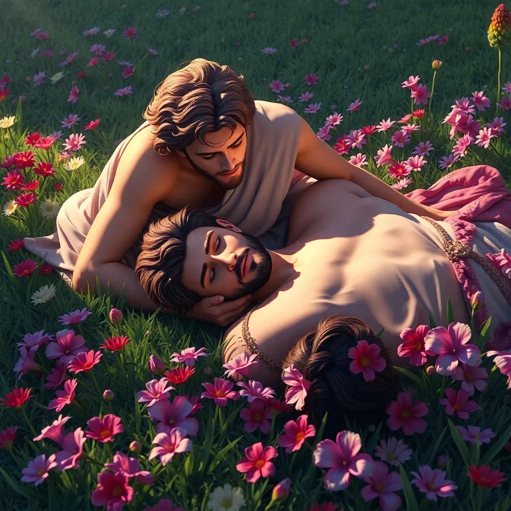 A tragic scene where Hyacinthus lays on the grass, his forehead injured, with Apollo kneeling beside him, his face filled with sorrow, colorful flowers around them, soft afternoon light, emotional moment, high detail