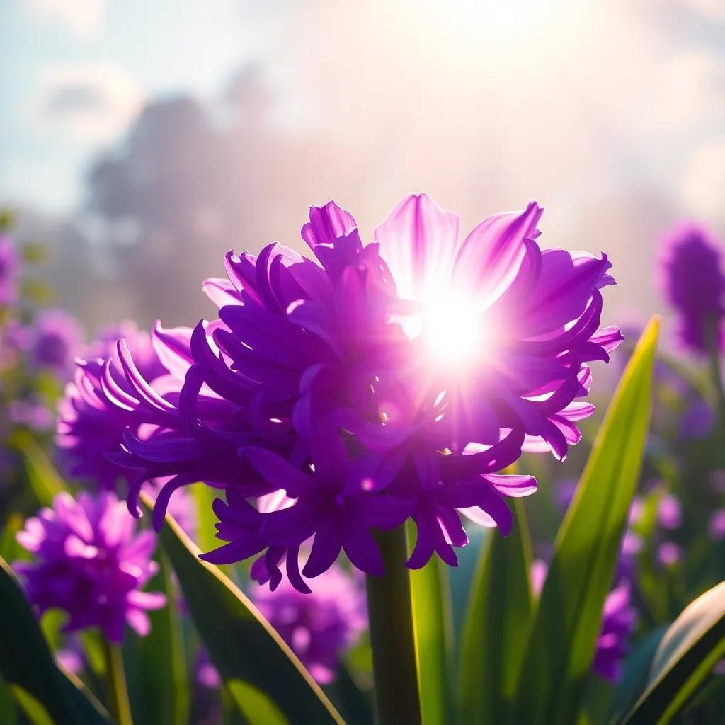 Hyacinthus transforming into a purple flower, his petals unfurling beneath Apollo's watchful eyes, surrounded by radiant sunlight and a gentle breeze, magical atmosphere, colorful, stunning visualization