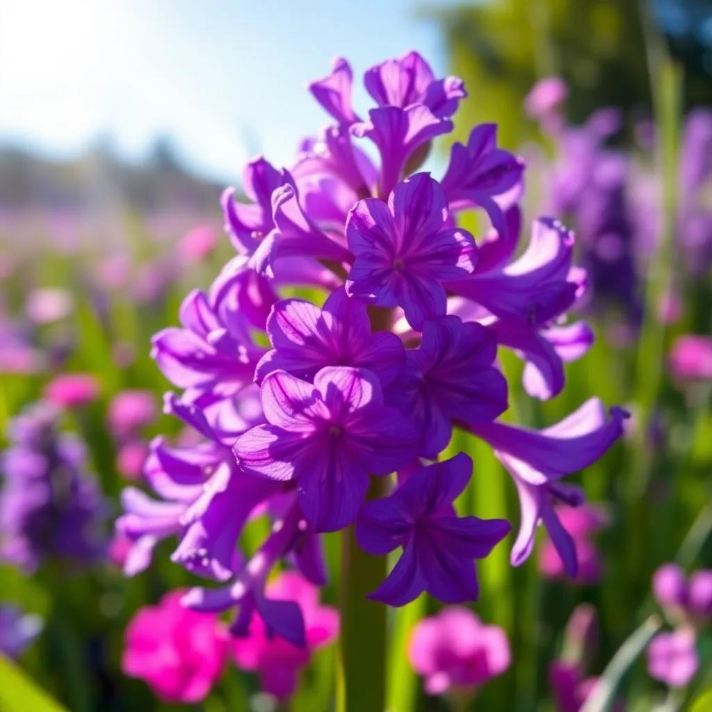 A close-up of the beautiful purple flower of Hyacinthus, with intricate petals displaying a strange mark symbolizing sorrow, growing in a vibrant meadow, soft sunlight, serene mood, high resolution