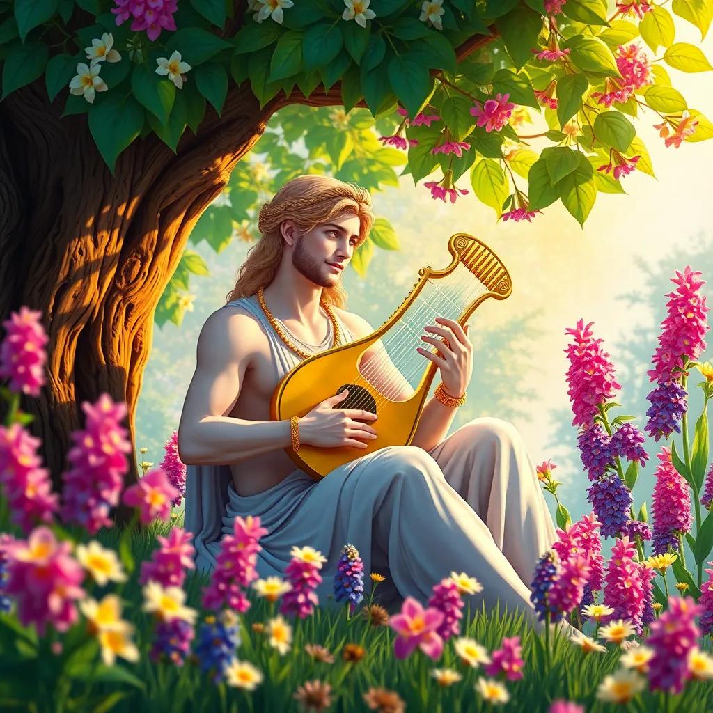 Apollo playing his golden lyre under a tree, singing songs of Hyacinthus, with colorful flowers blooming around him, bright and cheerful atmosphere, detailed and lively art, capturing the essence of love