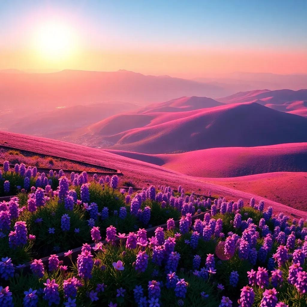 A panoramic view of the Greek landscape with hills covered in purple flowers, shimmering under the sun, and Apollo playing music in the background, serene and beautiful, breathtaking scene, high quality