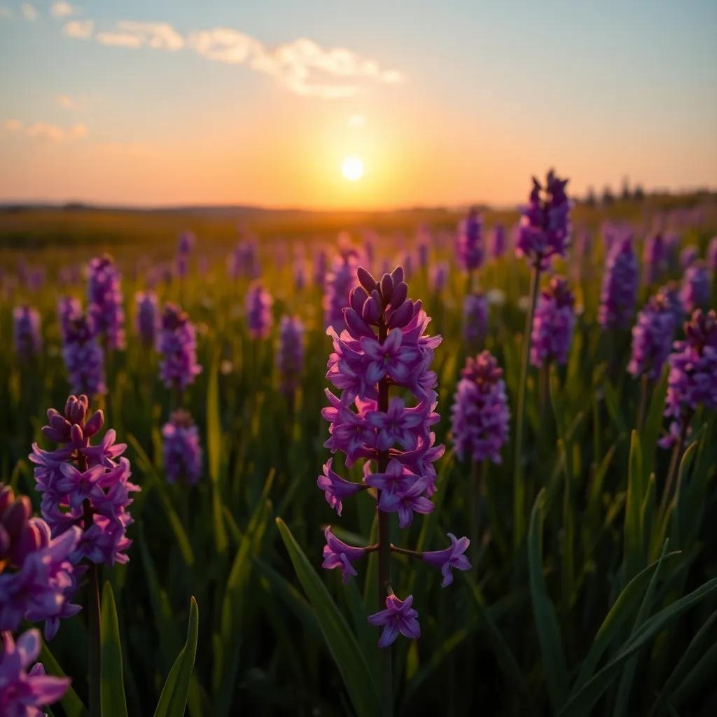 A lovely meadow filled with blooming purple Hyacinthus flowers dancing in the wind, with a golden sun setting on the horizon, peaceful and idyllic atmosphere, detailed artwork
