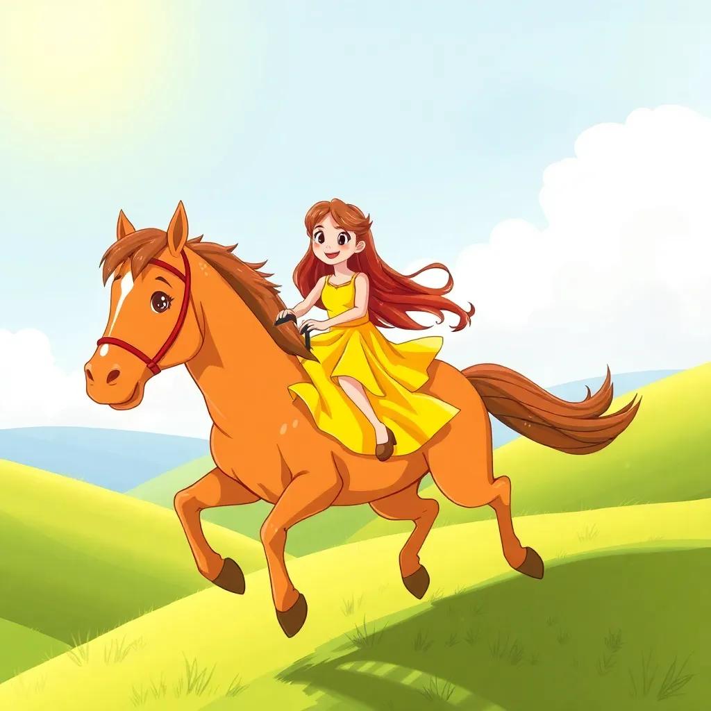 Lily, a young girl with long brown hair in a bright yellow dress, sitting on a wild stallion, Thunder, named for his speed, racing across wide green hills, bright and sunny day, exciting and joyful scene, high quality