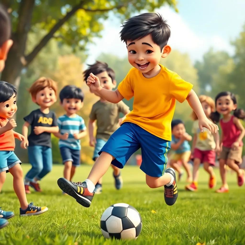 A young boy, Iago, with short dark hair, wearing a bright yellow t-shirt and blue shorts, kicking a soccer ball surrounded by other children at a park, laughter and smiles, action shot, vibrant colors, engaging scene, high quality